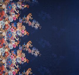 Mikado tkanina tisk květy/labutě na modrém