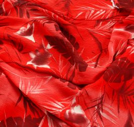 Šifon plise viskozový květinový vzor tm. červený