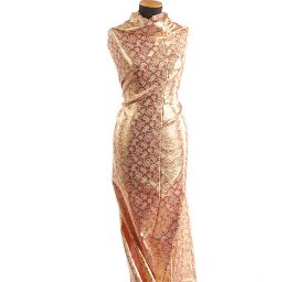 Brokát lamé paisley květinový motiv růžovozlatý 