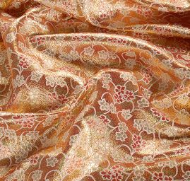 Brokát lamé paisley květinový motiv růžovozlatý 