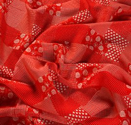 Viskozová šatová látka vzor patchwork červená bílá