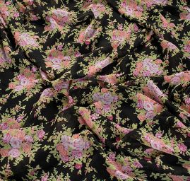 Jemný pružný šifon motiv kytice květů černý