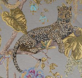 Žakárová látka vzor gepard/papoušci šedý