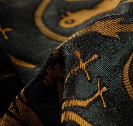 Replika historické tkaniny Arras hořčicová/tyrkysová