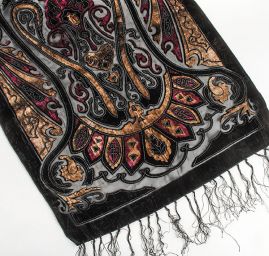 Efektní šál vypalovaný samet/tisk černý/purpurový