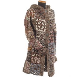 Háčkovaný kabátek hnědo-fialový melír