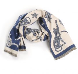 Šála oboustranná s kočkami krémová/modrá