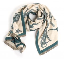 Šála oboustranná s kočkami krémová/tm.zelená