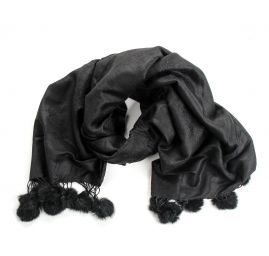 Šála směs kašmír/hedvábí žakár kožešinové bambulky černá