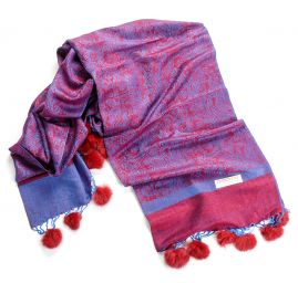 Šála směs kašmír/hedvábí žakár kožešinové bambulky černá