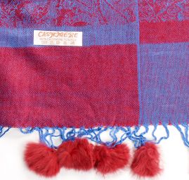 Šála směs kašmír/hedvábí žakár kožešinové bambulky černá