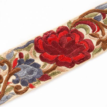 Vyšívaná stuha šantung květ růže velký červený