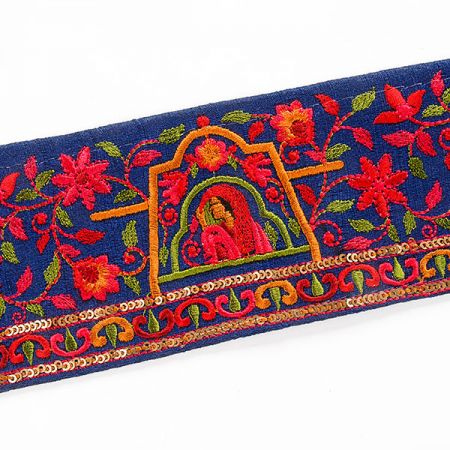 Vyšívaná stuha šantung motiv madony modrá