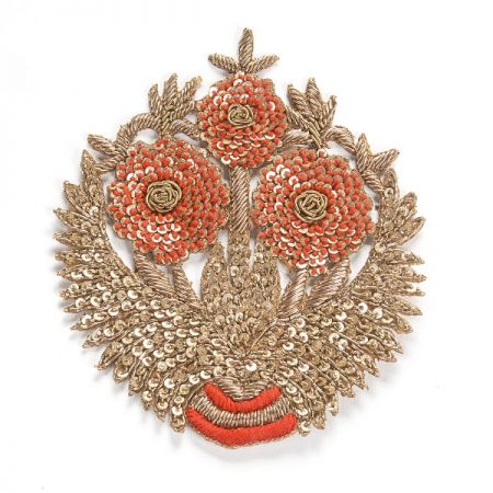 Květinová aplikace středová starozlatá/červená