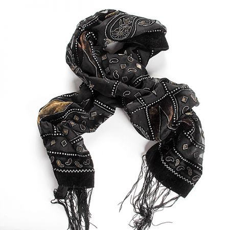 Efektní šál vypalovaný samet/tisk hnědý/khaki