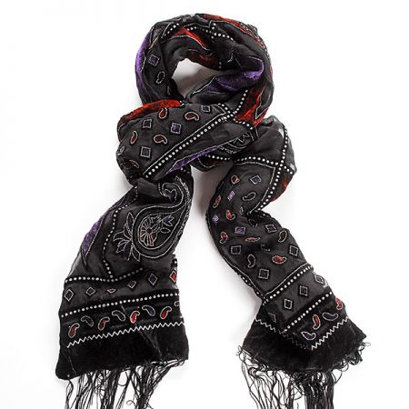 Efektní šál vypalovaný samet/tisk červený/fialový