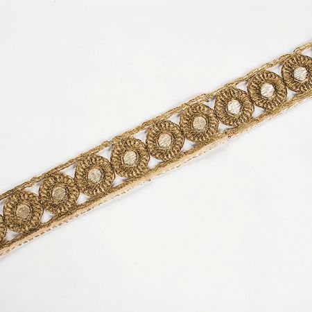 Krajková kovová stuha kolečka zlatá