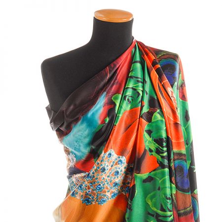 Efektní šála s třásněmi paví pera/růže oranžová