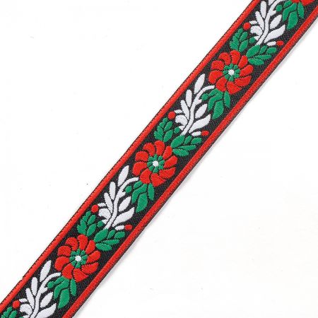Stuha krojová vyšívaná černá 2,5cm červený květ