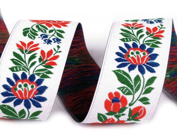 Stuha krojová vyšívaná 3,5cm červený/modrý květ bílá