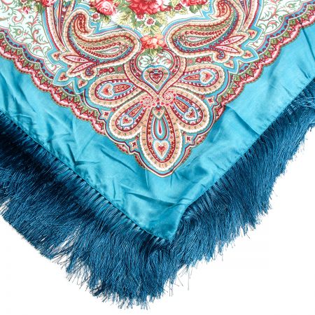 Šátek bavlna tisk folklórní vzor 130x130cm tyrkysový