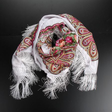 Šátek bavlna tisk folklórní vzor 130x130cm bílý/vínový