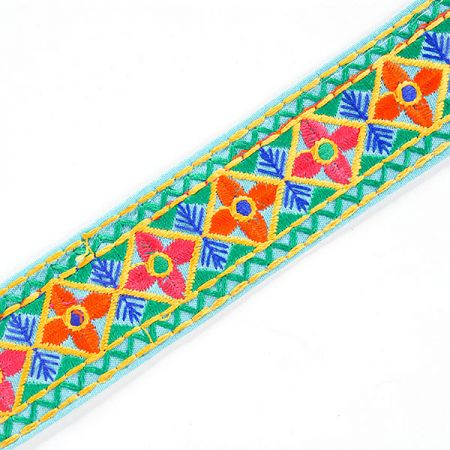 Vyšívaná stuha lidový motiv tyrkysová/zelená