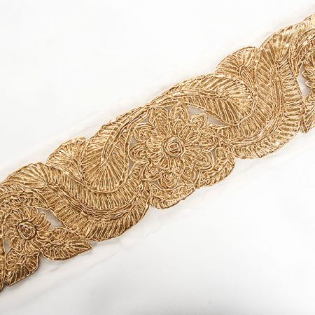 Stuha rexová výšivka na tylu květinový vzor zlatá kupón