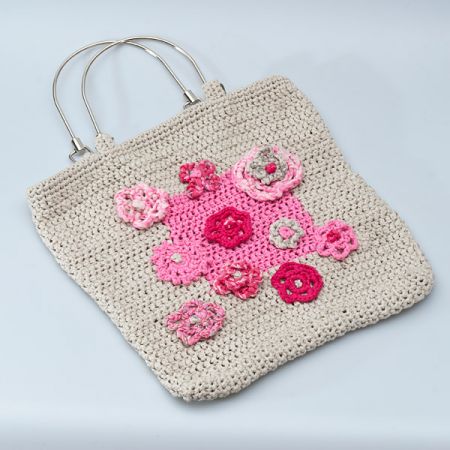 Háčkovaná taška šedá/růžová kytičky