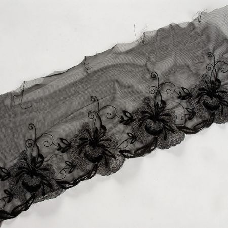 Pružná krajka lem černošedá velký květ