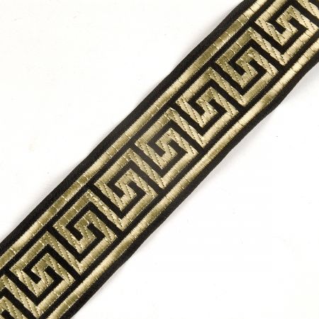 Stuha žakárová černozlatá 35 mm geometrický vzor 