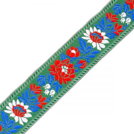 Stuha krojová vyšívaná 3,5cm bílý/červený květ zelená