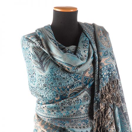 Maxi šála pléd paisley vzor tyrkysovohnědá