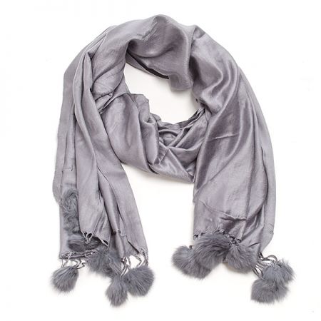 Šála směs kašmír/hedvábí  s bambulkami šedá