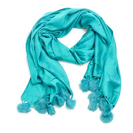 Šála směs kašmír/hedvábí s bambulkami tyrkysová