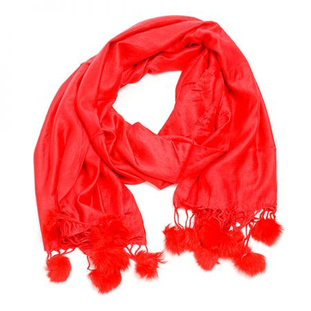 Šála směs kašmír/hedvábí s bambulkami červená 