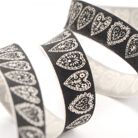 Stuha bavlněná vzor srdíčka černá/režná