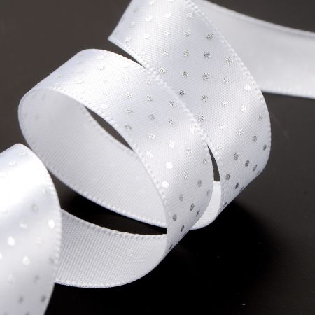 Atlasová stuha bílá stříbrné puntíky 15mm