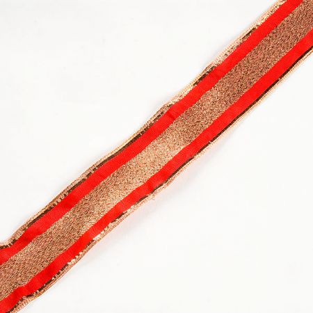 Stuha vánoční motiv proužek červená zlatá