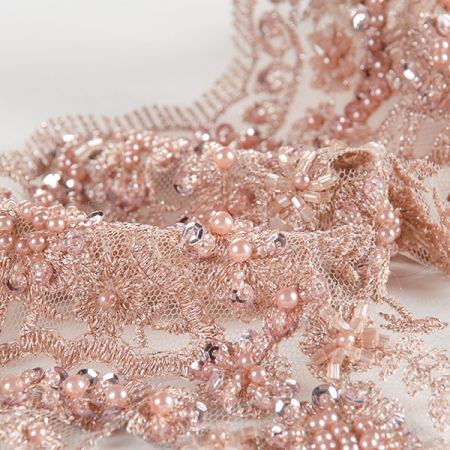 Krajka lem výšivka s korálky a flitry starorůžová