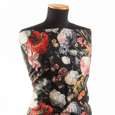 Dekorační látka květy menší na černém podkladě