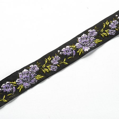 Stuha vyšívaná květy černá/fialová
