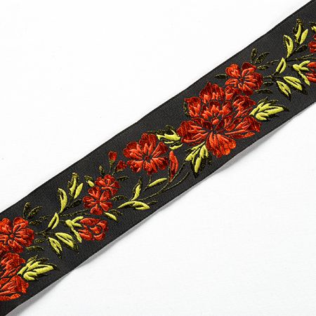 Stuha vyšívaná květy černá/oranžová