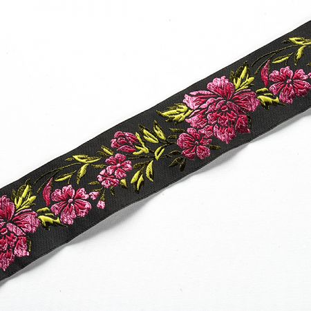 Stuha vyšívaná květy černá/růžová široká