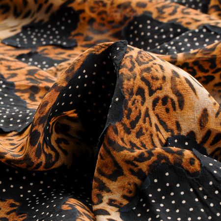 Šifon elastický zvířecí motiv/puntíky hnědá černá