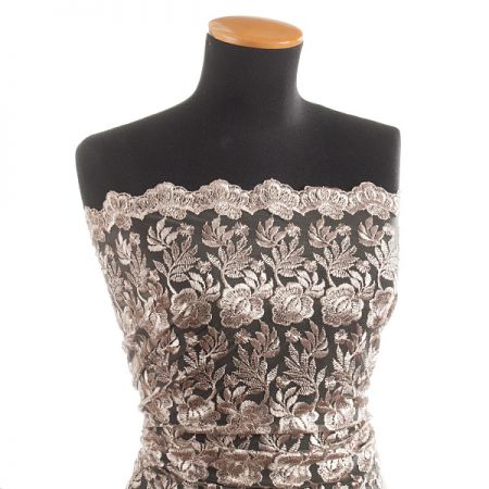 Krajka výšivka na tylu květy béžovošedá