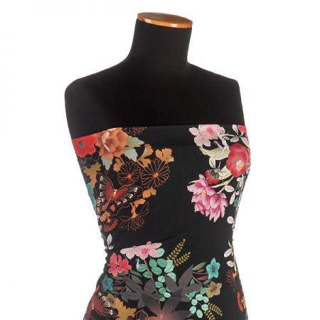 Žoržet šatový jemný květy a motýl na černém poli