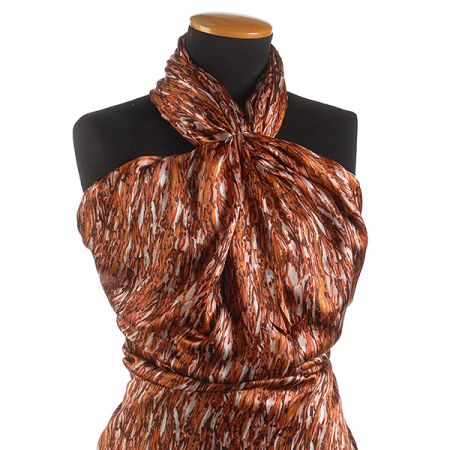 Hedvábný satén abstraktní motiv hnědý 