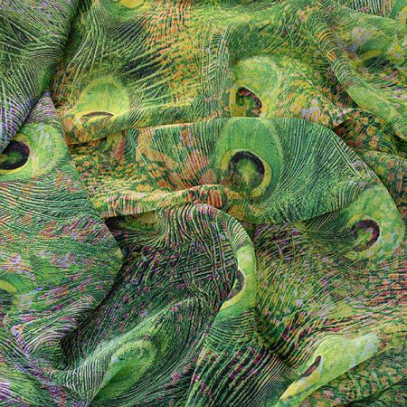 Šifon vzor paví pera digitální tisk zelená