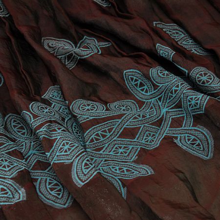 Taft kupón výšivka tvarovaný kraj hnědotyrkysová